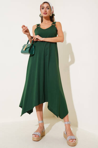 Halka Detaylı V Yaka Elbise Yeşil - Kadın Giyim Modelleri