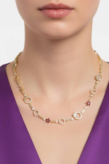 Halka Taşlı Çiçekli Kolye Gold - Kolye