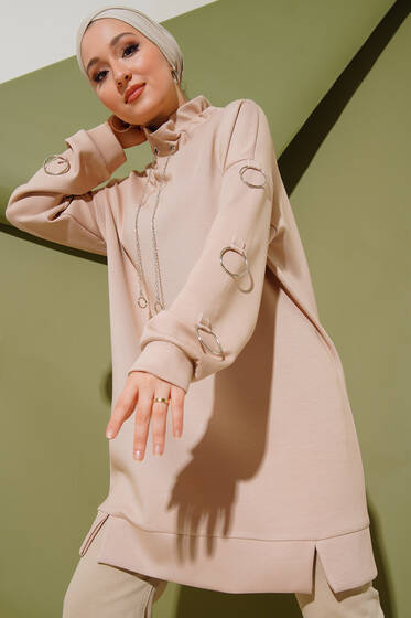 Halka Zincirli Dik Yaka Tunik Bej - Tunik
