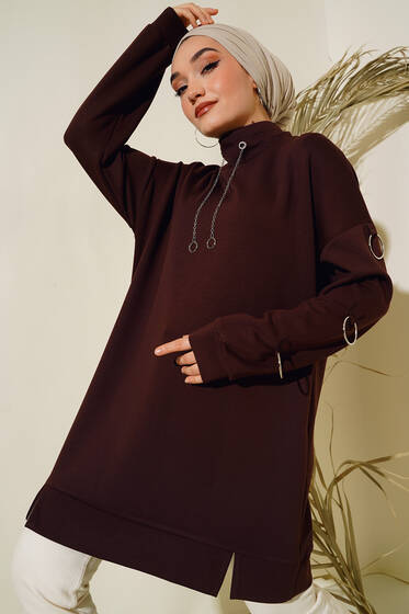 Halka Zincirli Dik Yaka Tunik Kahve - Tunik
