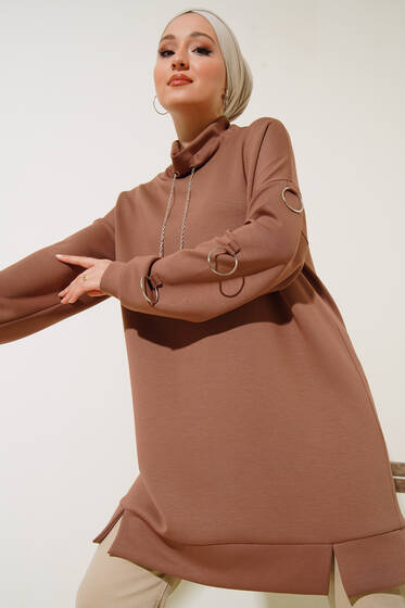 Halka Zincirli Dik Yaka Tunik Latte - Tunik