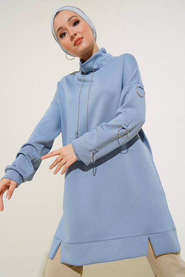 Halka Zincirli Dik Yaka Tunik Mavi - Tunik
