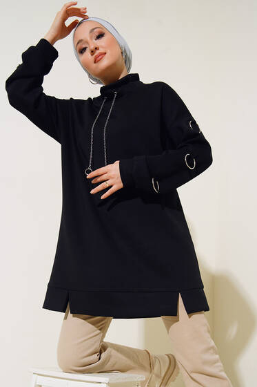 Halka Zincirli Dik Yaka Tunik Siyah - Tunik