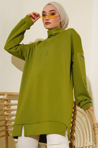 Halka Zincirli Dik Yaka Tunik Yağ Yeşili - Tunik