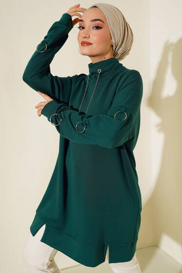 Halka Zincirli Dik Yaka Tunik Zümrüt Yeşili - Tunik