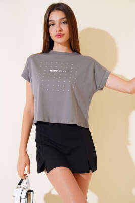 Happınes Pullu T-Shirt Füme - Kadın Giyim Modelleri