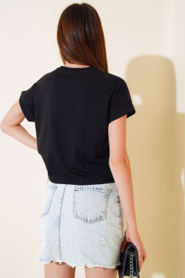 Happınes Pullu T-Shirt Siyah - Kadın Giyim Modelleri