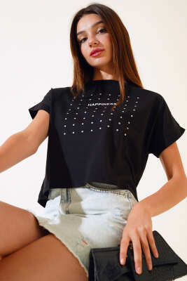 Happınes Pullu T-Shirt Siyah - Kadın Giyim Modelleri