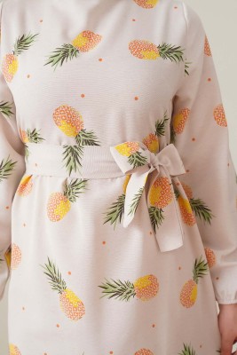 Harika Ananas Desenli Oranj Keten Elbise - Thumbnail