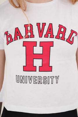 Harvard Baskılı Beyaz Tişört - Thumbnail