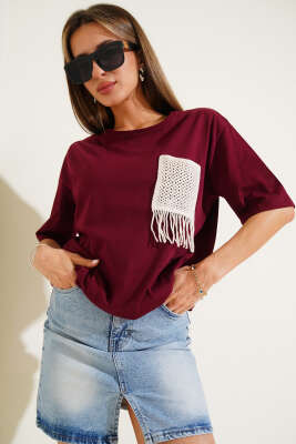 Hasır Cep Detaylı T-shirt Bordo - Kadın Giyim Modelleri