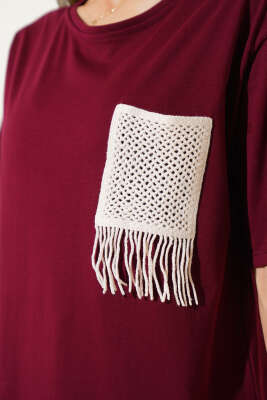Hasır Cep Detaylı T-shirt Bordo - Kadın Giyim Modelleri