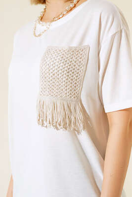 Hasır Cep Detaylı T-shirt Ekru - Yılın Fırsatı