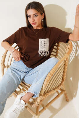 Hasır Cep Detaylı T-shirt Kahve 