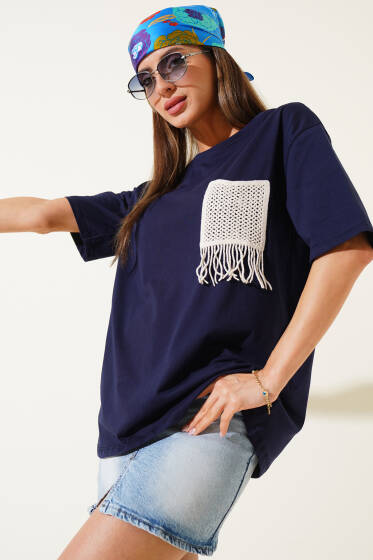 Hasır Cep Detaylı T-shirt Lacivert - Kadın Giyim Modelleri