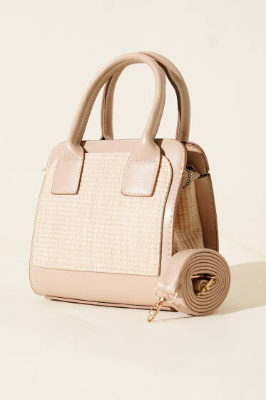 Hasır Detaylı Kare Çanta Bej - Kol Çantası