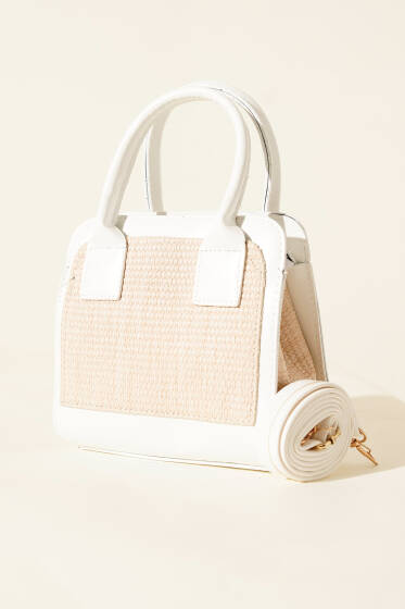 Hasır Detaylı Kare Çanta Beyaz - Kol Çantası