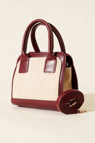 Hasır Detaylı Kare Çanta Bordo - Kol Çantası