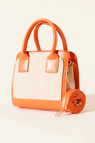 Hasır Detaylı Kare Çanta Oranj - Kol Çantası
