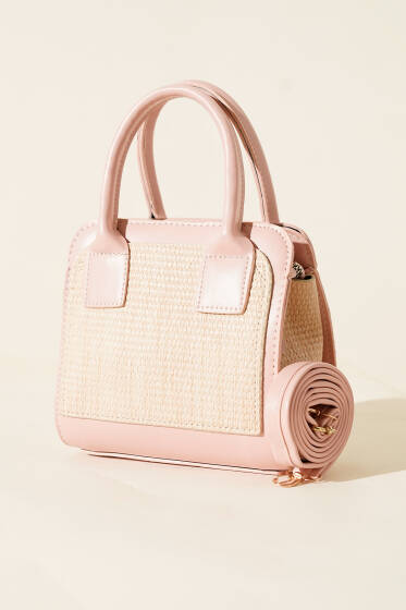 Hasır Detaylı Kare Çanta Pudra - Kol Çantası