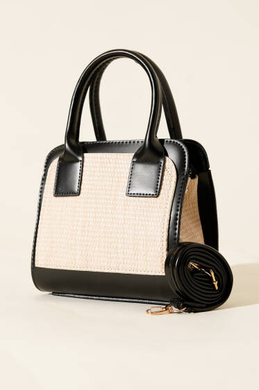 Hasır Detaylı Kare Çanta Siyah - Kol Çantası