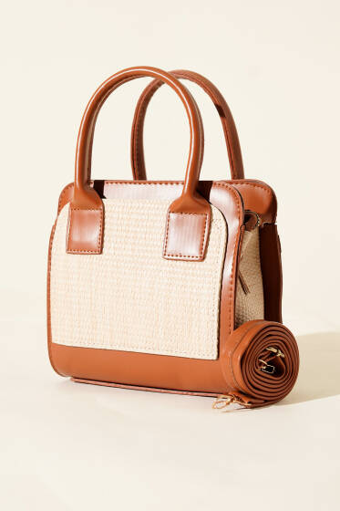 Hasır Detaylı Kare Çanta Taba - Kol Çantası