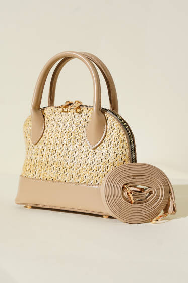 Hasır Detaylı Mini Çanta Bej - Kol Çantası