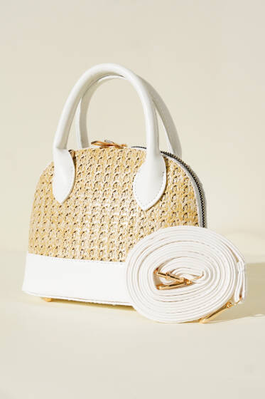 Hasır Detaylı Mini Çanta Beyaz - Kol Çantası