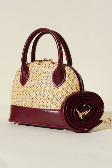 Hasır Detaylı Mini Çanta Bordo - Kol Çantası