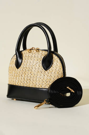 Hasır Detaylı Mini Çanta Siyah Bej - Kol Çantası