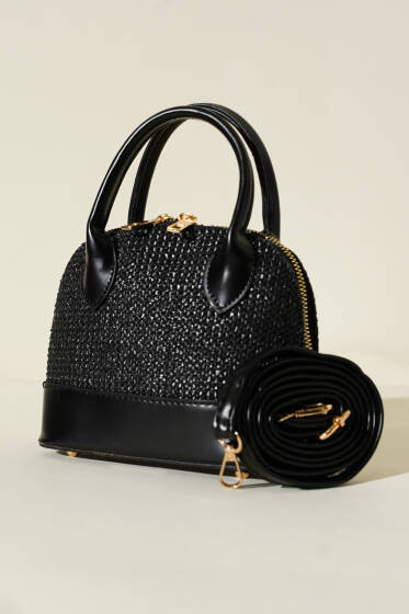 Hasır Detaylı Mini Çanta Siyah - Kol Çantası