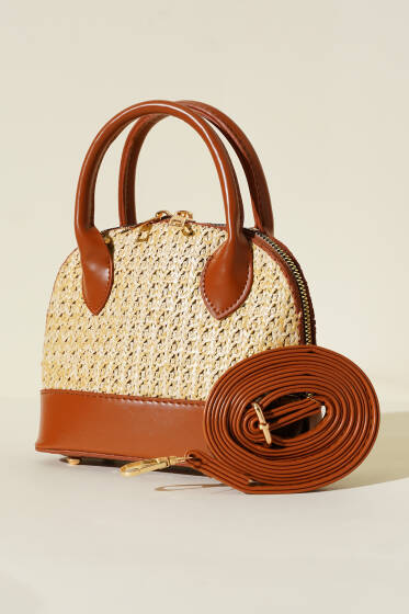 Hasır Detaylı Mini Çanta Taba - Kol Çantası