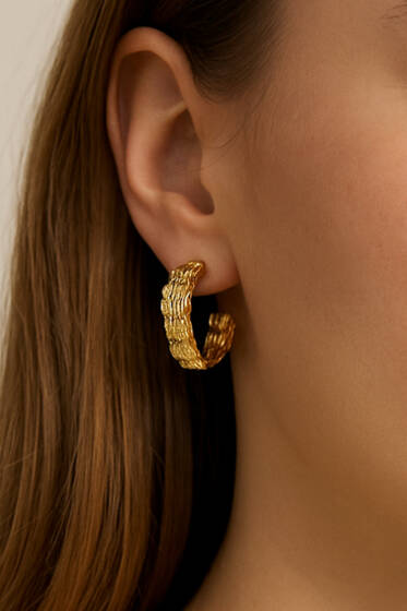 Hasır Dokulu Kalın Halka Küpe Gold - Küpe