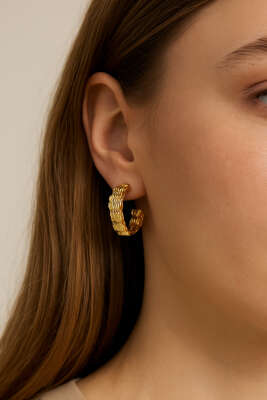 Hasır Dokulu Kalın Halka Küpe Gold - Küpe