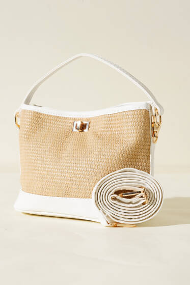 Hasır Görünümlü Çanta Beyaz - Kol Çantası