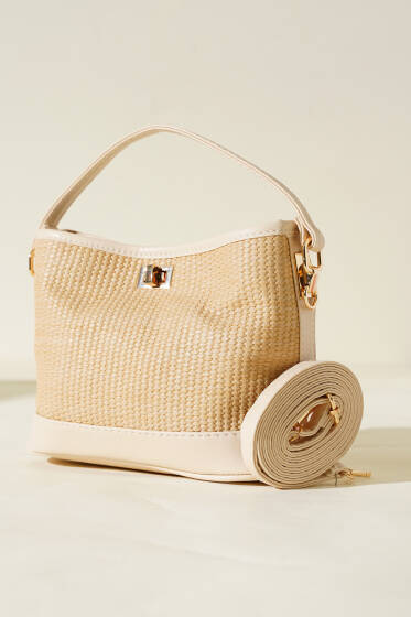 Hasır Görünümlü Çanta Krem - Kol Çantası