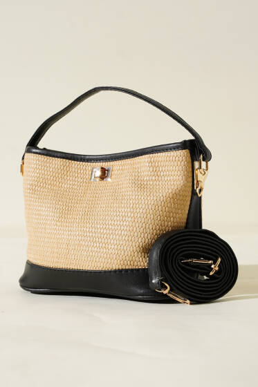 Hasır Görünümlü Çanta Siyah - Kol Çantası