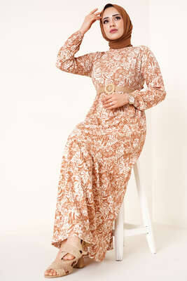 Hasır Kemer Bürümcük Elbise Camel 