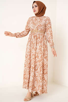 Hasır Kemer Bürümcük Elbise Camel - Tesettür Elbise