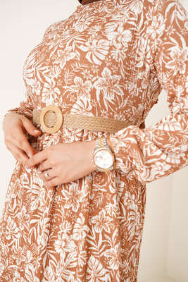 Hasır Kemer Bürümcük Elbise Camel - Tesettür Elbise