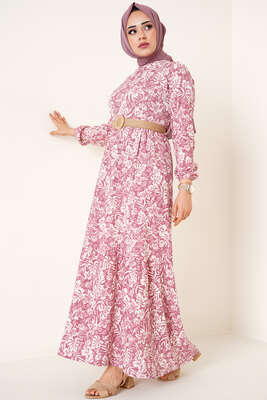 Hasır Kemer Bürümcük Elbise Magenta - NEVA MODA