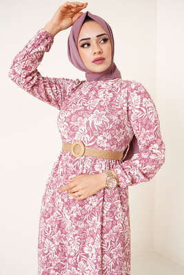 Hasır Kemer Bürümcük Elbise Magenta - Tesettür Elbise