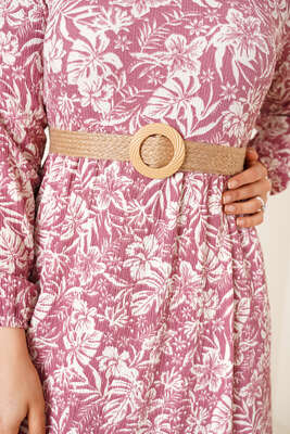 Hasır Kemer Bürümcük Elbise Magenta - Tesettür Elbise