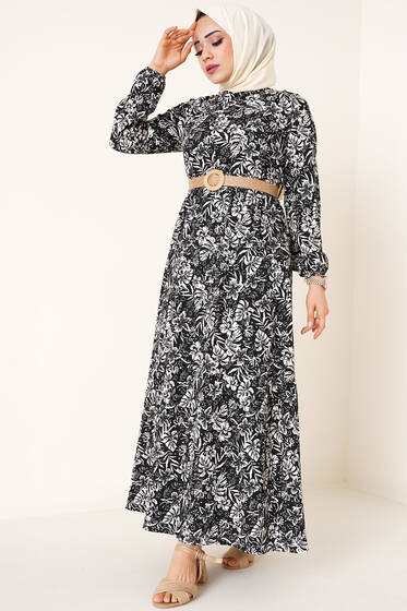Hasır Kemer Bürümcük Elbise Siyah - Tesettür Elbise
