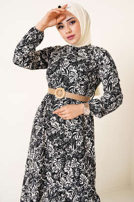 Hasır Kemer Bürümcük Elbise Siyah - Tesettür Elbise