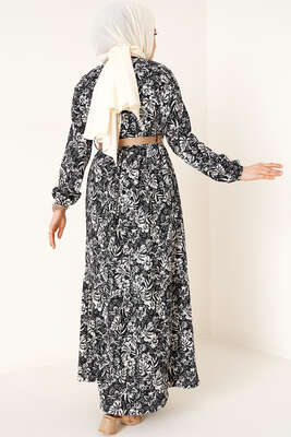 Hasır Kemer Bürümcük Elbise Siyah - Tesettür Elbise