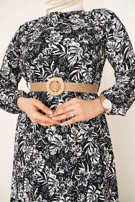 Hasır Kemer Bürümcük Elbise Siyah - Tesettür Elbise