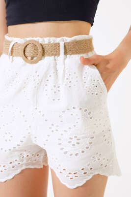 Hasır Kemerli Brodeli Şort Ekru - Kadın Giyim Modelleri
