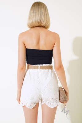Hasır Kemerli Brodeli Şort Ekru - Kadın Giyim Modelleri