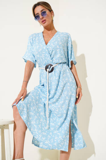 Hasır Kemerli Çiçekli Elbise Mavi - Kadın Giyim Modelleri